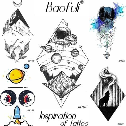 BAOFULI Men Body Art Cosmonaut Moon Temporary Tattoo Rhomboid Geometric Black Tatoos Disposable Waterproof Black Tattoo Stickers