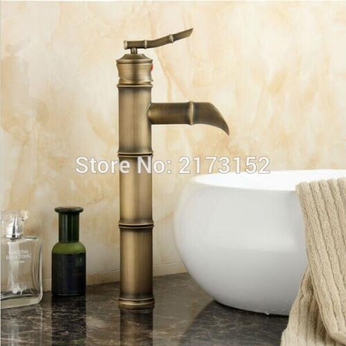 Free Shipping Bamboo Shape Tall Antique Brass Bathroom Faucet Waterfall Hot & Cold Brass Basin Sink Mixer Tap A-052