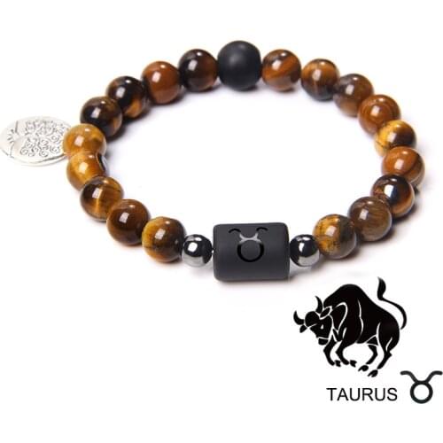 Taurus Constellation Charm Bracelets For Women Men Natural Stone 6 Styles Bangles 12 Zodiac Tiger Eye Strand Beads Dropshipping