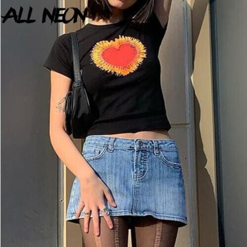 ALLNeon Y2K Streetwear Heart Graphic Black T-shirts Vintage Cute O-neck Short Sleeve Cropped Tops E-girl Fashion Outfits Slim