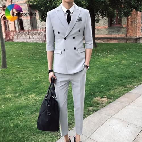 Double Breasted Custom Made Black Men Wedding Suit Grey Peaked Lapel Slim Fit Men Suit Groom Tuxedo Groomsmen Blazer Prom Wear