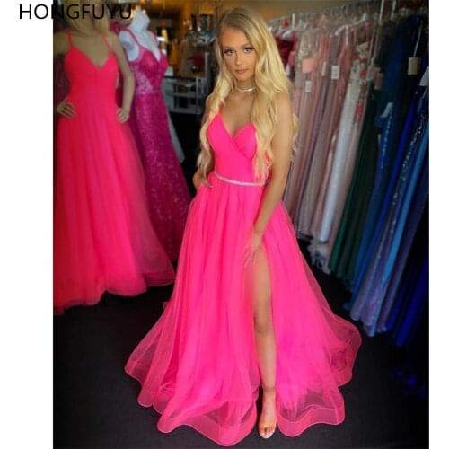 HONGFUYU Spaghetti Straps Tulle A-Line Evening Prom Dress 2021 Pink Simple vestidos de festa longo Formal Party Dress Side Split