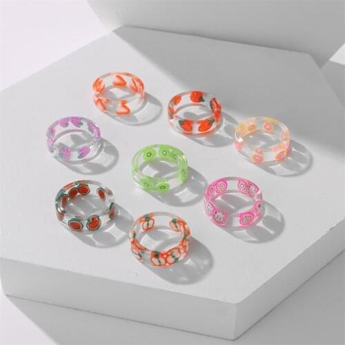IFMIA Korean Fashion Fresh Fruits Transparent Resin Acrylic Ring For Women Girls New Design Strawberry Lemon Finger Jewelry Gift