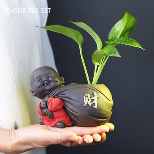 Chinese Handmade Purple Clay Tea Pet Hydroponic Plants Desktop Flower Pot Small Monk Statue Ornaments Tea Set Decoration Gifts