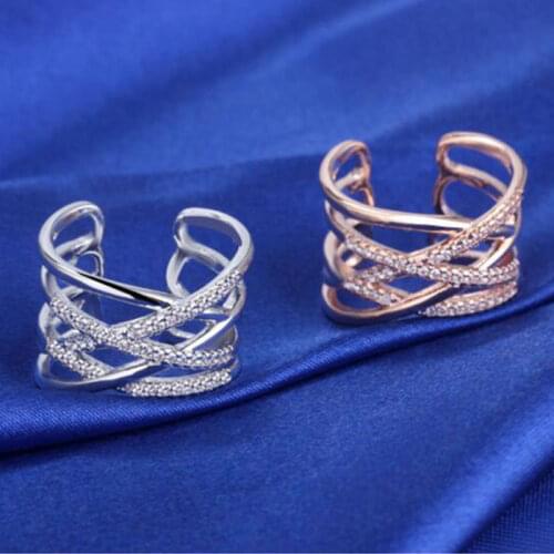 925 Sterling Silver Interweaving Of Love Mosaic Zircon Multi-layer Line Cross Rings For Women Trendy Adjutable Ring S-R243