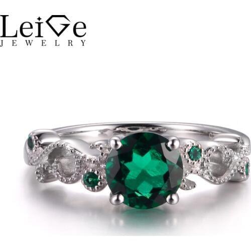 LeiGe Jewelry Emerald Wedding Rings Round Shape Green Gemstone Rings May Birthstone Solid 925 Sterling Silver Vintage Rings