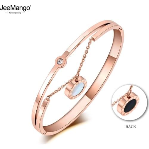 JeeMango Titanium Stainless Steel Shell & Acrylic Bangles Bracelets For Women Roman Numeral Cuff Bangle Bracelet Jewelry JB19068