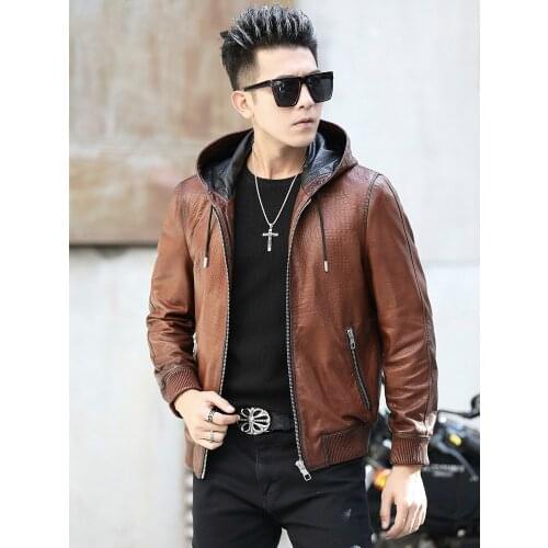 First Layer Cowhide Leather Coat Mens Hooded Motorcycle Male Autumn and Winter Clothing Jackets