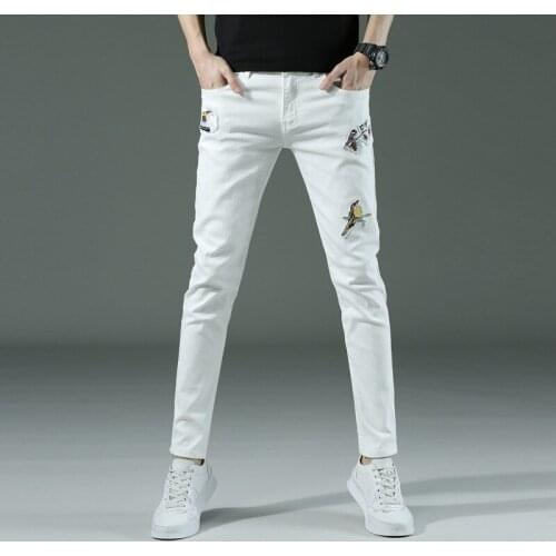 Fashion Trendy Embroidery letters Men College Boys Skinny Runway Zipper Denim Pants Destroyed Ripped Jeans White Jeans