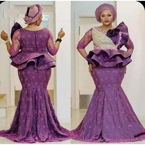 Nigerian Plus Size Prom Dresses Long Zipper Back Lace Appliques Aso Ebi Purple Evening Dresses Mermaid Peplum robe de soiree