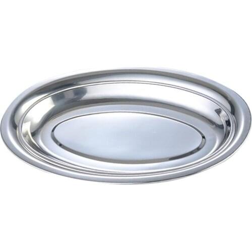 Non Magnetic Stainless Steel Plate Deepen Oval Plate Steamed Vermicelli Ordinary Shallow Dish 28cm Fish Dish (Silver)