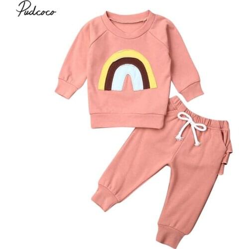 2019 Brand Autumn Newborn Baby Girl Long Sleeve Tops Rainbow Sweatshirt Ruffle Leggings Pants Warm Clothes Autumn Tracksuit Set