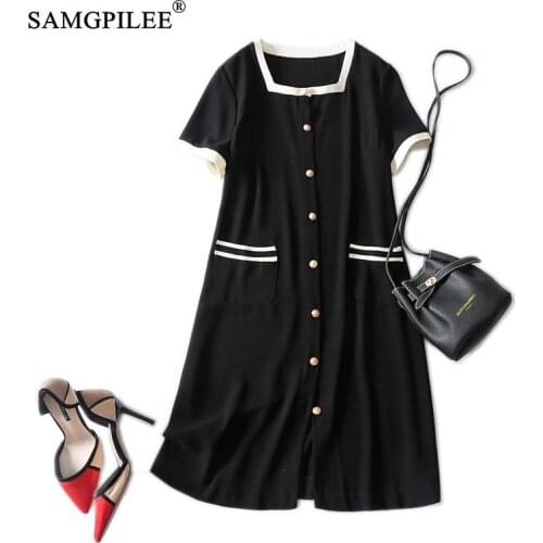Dresses Woman Summer 2021 New Office Lady A-line Solid Short Sleeve Pockets Knee-length Empire Square Collar Black Dress