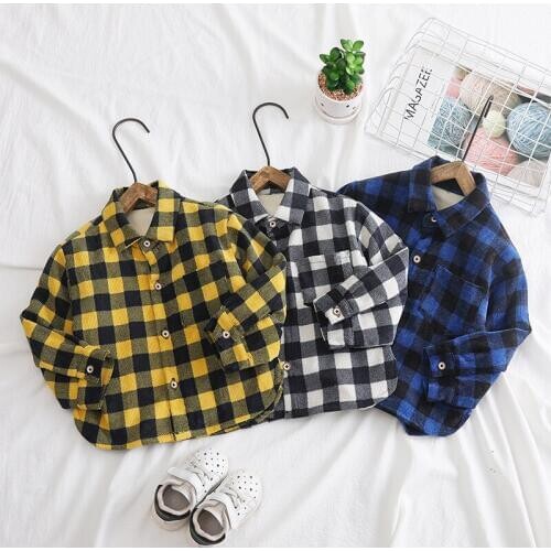 Autumn Winter Casual Baby Kids Shirts Plush Velvet Thick Warm Boys Shirts Plaid Cotton Children Boys Long Sleeve Shirts 12M-4T