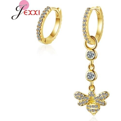 Wholesale 925 Sterling Silver Cute Bee Crystal Hoop Earrings Asymmetric Style Earrings For Women Girls Birthday Party