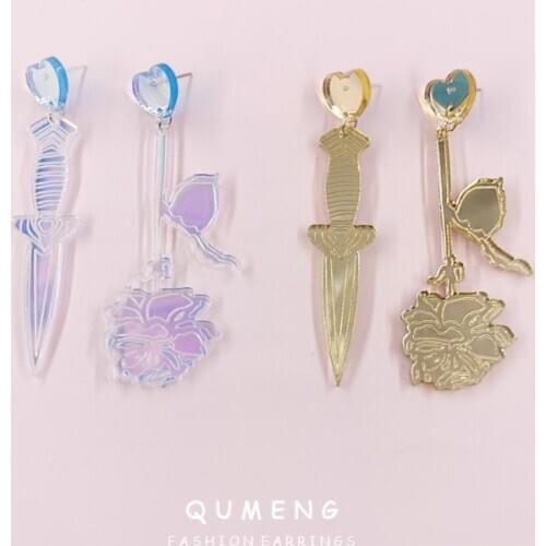 2021 New Arrival Original Sexy Charm Acrylic Mirror Rose Flower Dagger Asymmetric Earrings Elegant Womens Unique Jewelry