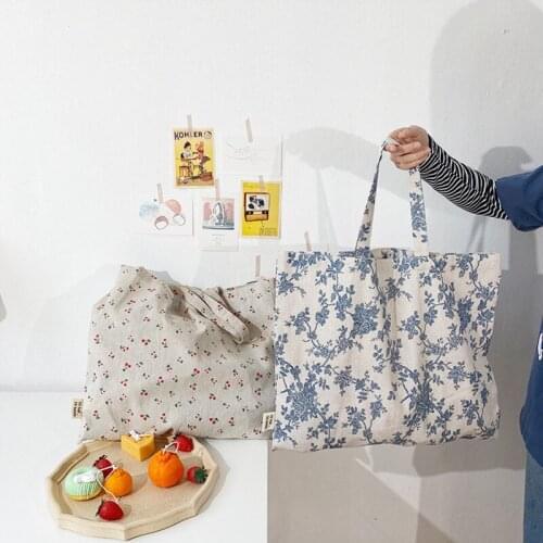 Blue Small Flowers Canvas Bag Cotton Linen Shopper Tote Bag Korean Largr Shopping Bag Summer Soft Shoulder Handbag For Women
