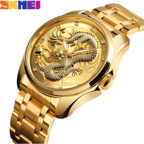 SKMEI Mens Watches Top Brand Luxury Golden Quartz Watch Men 3Bar Waterproof Date Display Stainless Steel Strap Wristwatches 9193