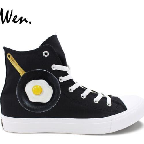 Wen Original Design Poached Egg Hand Painted Black Sneakers High Top Women Mens Canvas Athletic Shoes for Skateboarding