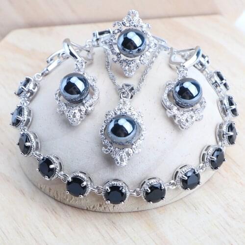 Fine Women Silver 925 Bridal Pearls Jewelry Sets Zircon Costume Jewellery Wedding Rings Bracelets Set Pendant Earrings Necklace