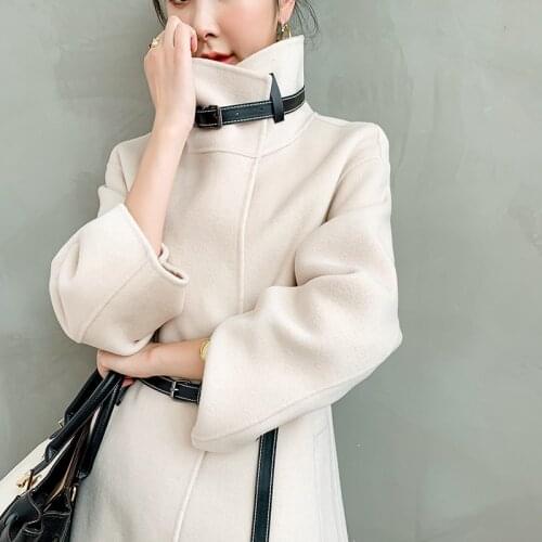 High-end milky white double-faced cashmere coat womens autumn and winter mid-length loose Korean lace woolen coat in winter