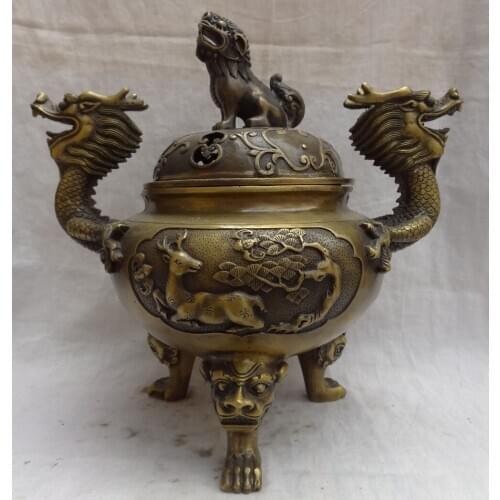 Xd 002083 12" Chinese Bronze Dragon Kylin Lion Deer Statue Buddhism Incense Burner Censer