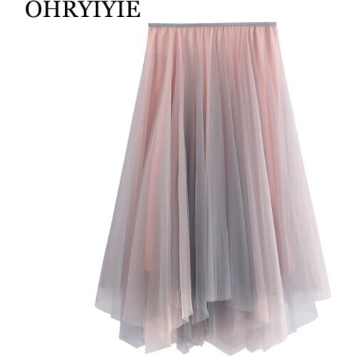 OHRYIYIE Pink Green Irregular Midi Long Tulle A-line Skirt Women 2021 Autumn Winter Sweet Gradient Color High Waist Skirt Female