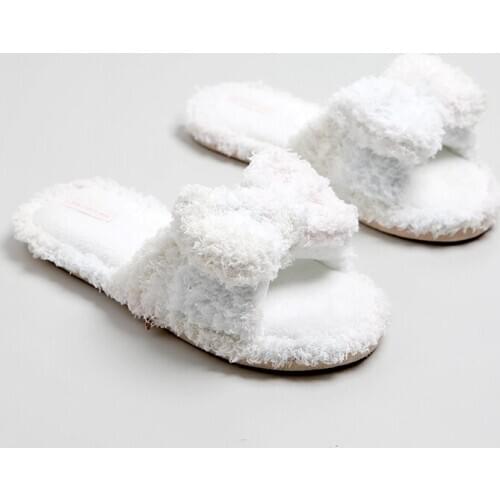 Ladies Home Slippers Buckle Women Indoor Bow Fur Slippers Woman Long Plush Solid Shoes Warm Cute Comfortable Autumn