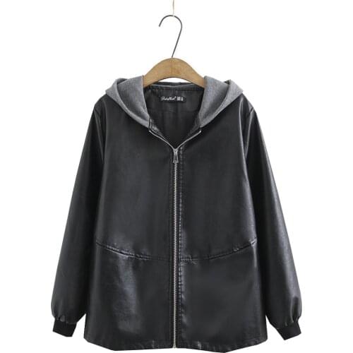 2021 New Spring Autumn Korean Hooded Leather Jacket Womens Fashion Fur Leather Coat Aviator Jacket Casaco Feminino Plus Size
