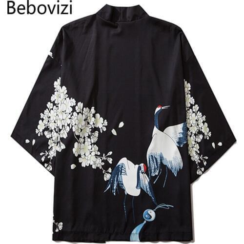 Bebovizi 2020 Summer Women Chinese Style Black Kimono Yukata Casual Crane Print Traditional Kimonos Men Japanese Robe Clothing