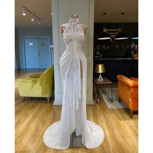2020 New Sexy Sparkle Sequined Mermaid Prom Dresses Crystal Beaded High Neck Side Split Long White Evening Dress Party Gowns