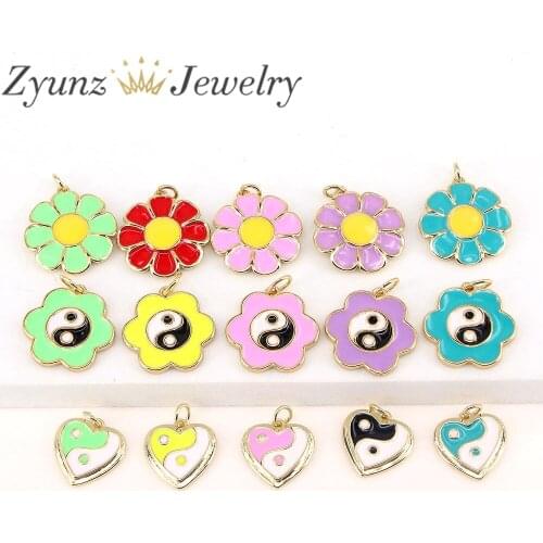 10PCS, Enamel Yin Yang Tai Chi Charms Pendant Gold Color Cute Flower Smiley Heart Pendant For DIY Necklace Making Accessories