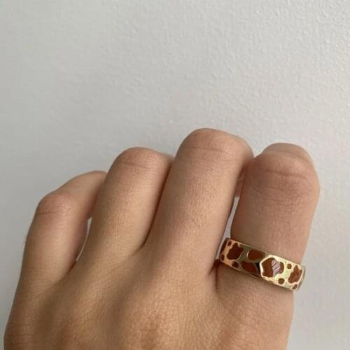 2021 INS New Trendy Fashion Simple Brown Spotty Cow Ring Brown Drop Oil Gold Plated Rings For Female Ladies Jewelry Gift