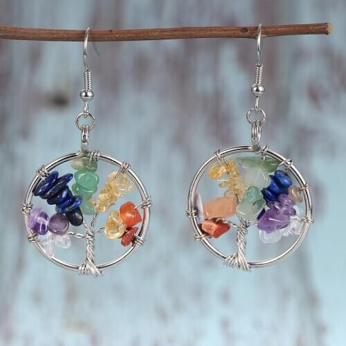 7 Chakra Tree Of Life Women Drop Earrings Natural Chip Gravel Reiki Healing Round Circle Statement Hoop Earring Yoga Jewelry