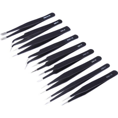 9pcs/lot ESD Safe Precision Tweezers Pincet Pinzette Stainless Steel Tweezers Electronic Repair Hand Tools
