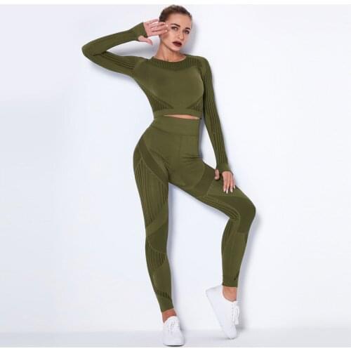 Seamless Gym Sport Set Women Mesh Yoga Suits Workout Clothes For Women Long Sleeve Crop Top Sexy Leggings Activewear