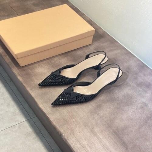 Women Slippers Summer Black Shoes Botie Kitten Heel Crystal Sandals Female Pointed Toe Sandalias Outside Party Sandales