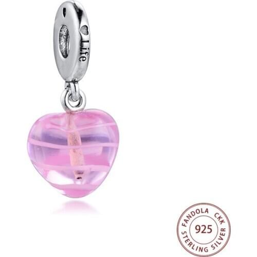 100% 925 Sterling Silver Pink Ribbon Heart Dangle Charm Beads For Jewelry Making Fits Original Charms Bracelets Berloque