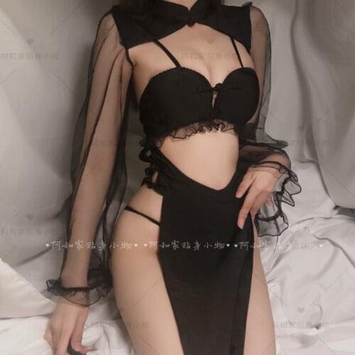 Bra Cheongsam Suit Gauze Lace Sexy Underwear Sling Flared Sleeves Tassel Buttocks Tease Temptation Split Fork Fungus Lace MO99