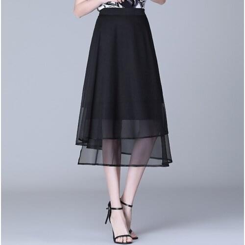 Black Mesh A-line Skirts Asymmetrical Womens Half-length Skirt Summer 2021 New Sexy Hip High Waist Mid-length Skirts BSQ447