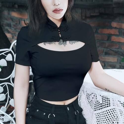 Summer Sexy Black White Short Sleeve T-Shirt Tees Tops Women Punk Chinese Style Gothic Chest Hollow Out Short Tee Shirt Crop Top
