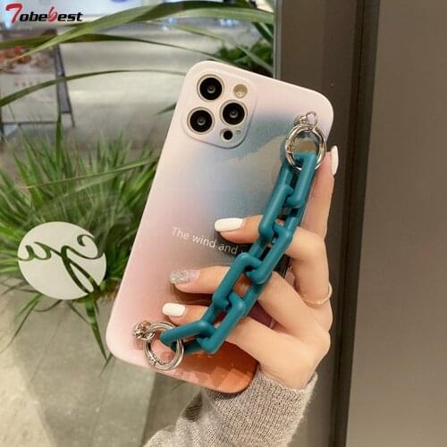 Glossy Morandi Blue Bracelet Phone Cases for iphone 12 pro max 11 promax X XS XR 7 8 Plus SE 2020 Chain Soft TPU Back Cover