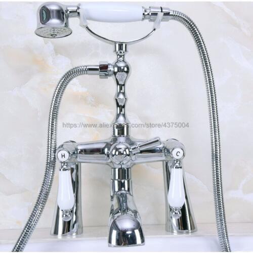Chrome Deck Mounted Dual Ceramic Handles Bathroom Bathtub Faucet with Handheld Spray Shower Hot and Cold Water Nna110