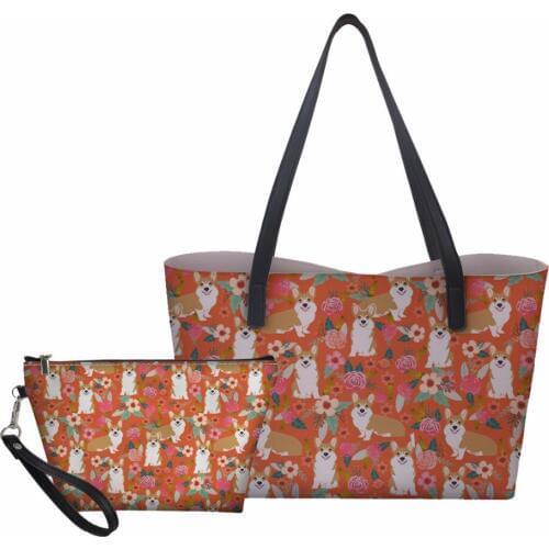 Customized 2pcs/set Corgi Women Handbag Set Fashion PU Leather Shoulder Bag Holder Male up Bag Flower Dog Big Messenger Bags