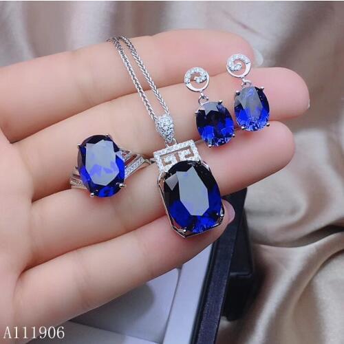 KJJEAXCMY boutique jewelry 925 sterling silver inlaid natural sapphire female ring necklace pendant earrings set support detecti