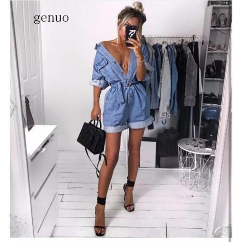 Women Casual Summer Denim Romper High Waist Jeans Overall BF Wide Leg Jumpers Lapel Pocket Shorts Jumpsuit Playsuit Jumpsuits
