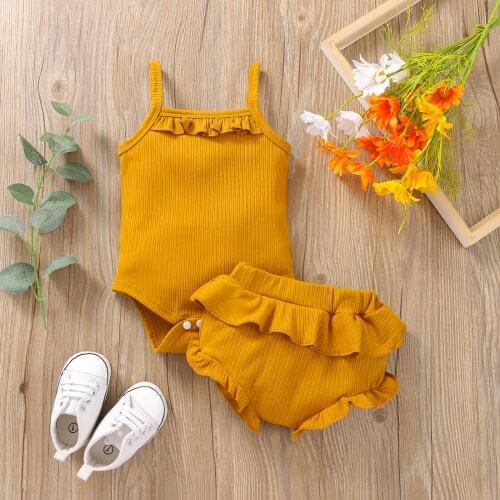 Infant Camisole Romper + Shorts, Ruffle Decoration Elastic Waist Solid Color Sweet Style Summer Baby Knitted Cotton Clothes