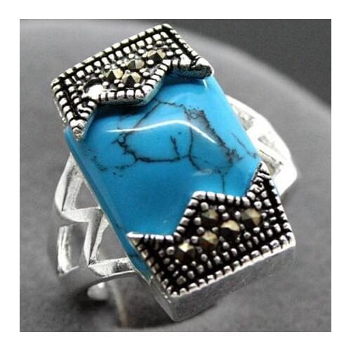 Beautiful 12*20mm Fashion 925 Sterling Silver Blue Turquoise Marcasite Ring Size 6/7/8/9