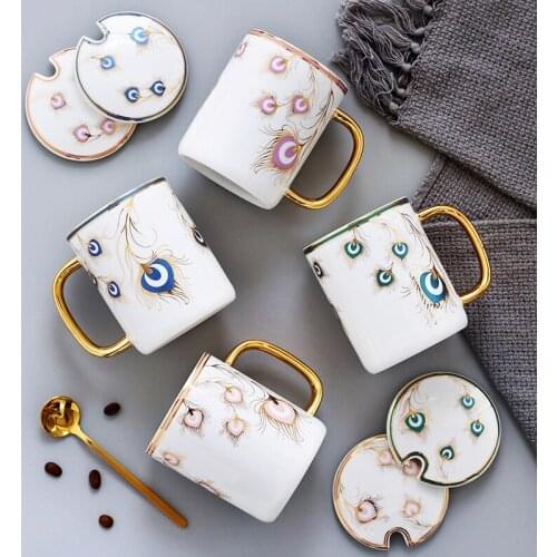 Creative ceramic mug peacock couple cup water cup teacup coffee cup female office mug with lid spoon cute cup funny gift CL82608