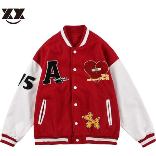 Streetwear Varsity Jacket Furry Letters Broken Heart Patchwork Harajuku Mens Coats Casual Loose Color Block Bomber Jacket Women